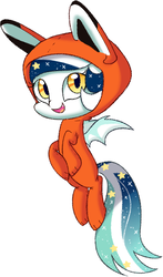 Size: 676x1147 | Tagged: safe, oc, oc only, oc:wistful galaxy, bat pony, fox, pony, chibi, clothes, costume, female, mare, simple background, solo, sparkles, white background