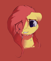 Size: 1000x1200 | Tagged: safe, artist:freeedon, fluttershy, pony, g4, bust, crying, female, floppy ears, gritted teeth, hair over one eye, portrait, red background, simple background, solo, teary eyes