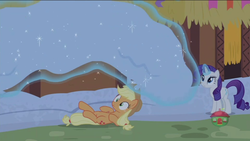 Size: 1920x1080 | Tagged: safe, screencap, applejack, rarity, earth pony, pony, unicorn, g4, not asking for trouble, levitation, looking up, magic, on back, shrunken pupils, snow, telekinesis