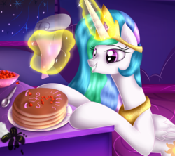 Size: 2700x2400 | Tagged: safe, artist:katakiuchi4u, princess celestia, alicorn, pony, a royal problem, g4, crown, cute, cutelestia, female, food, frosting, glowing horn, high res, horn, jewelry, magic, mare, pancakes, regalia, smiling, solo, telekinesis