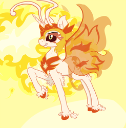 Size: 1413x1437 | Tagged: safe, artist:paskanaakka, derpibooru exclusive, daybreaker, breezie, a royal problem, g4, abstract background, breeziefied, chest fluff, colored hooves, ear fluff, female, grin, raised hoof, smiling, solo, species swap, spread wings, unshorn fetlocks, wings
