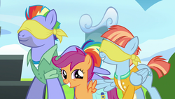 Size: 1280x720 | Tagged: safe, screencap, bow hothoof, scootaloo, windy whistles, pegasus, pony, g4, parental glideance, blindfold, female, male, mare, rainbow dash's parents, stallion, trio