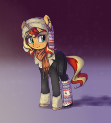 Size: 1000x1100 | Tagged: dead source, safe, artist:sapraitlond, sunset shimmer, pony, unicorn, g4, clothes, coat, cute, ear piercing, earring, female, gradient background, hat, jewelry, mare, piercing, scarf, solo, ushanka