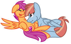 Size: 924x578 | Tagged: safe, artist:calibykitty, scootaloo, windy whistles, g4, cute, cutealoo, cutie mark, raspberry, requested art, scootalove, simple background, the cmc's cutie marks, tickling, tummy buzz, white background