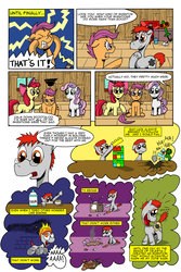 Size: 1024x1536 | Tagged: safe, artist:cartoon-eric, apple bloom, scootaloo, sweetie belle, oc, oc:fritz, oc:gear loose, pony, comic:cmc and gear loose, g4, angry, baking, comic, cutie mark crusaders, mane on fire, peppermint patty, television, wheel o feet