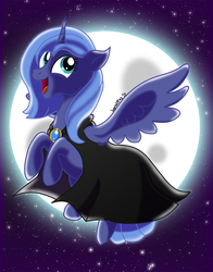 Size: 900x1146 | Tagged: safe, artist:wordplay42, princess luna, alicorn, pony, g4, cape, clothes, female, flying, moon, night, open mouth, s1 luna, solo, stars