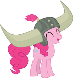 Size: 6598x7024 | Tagged: safe, artist:paganmuffin, pinkie pie, pony, g4, not asking for trouble, absurd resolution, eyes closed, female, helmet, honorary yak horns, horned helmet, simple background, smiling, solo, transparent background, vector, viking helmet