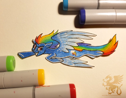 Size: 1722x1344 | Tagged: safe, artist:theantimonyelement, rainbow dash, pony, g4, female, flying, grin, simple background, smiling, solo, traditional art