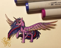 Size: 1748x1375 | Tagged: safe, artist:theantimonyelement, twilight sparkle, alicorn, pony, g4, female, raised hoof, simple background, solo, spread wings, traditional art, twilight sparkle (alicorn), wings
