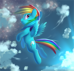 Size: 2700x2600 | Tagged: safe, artist:php69, rainbow dash, pegasus, pony, g4, cloud, female, filly, filly rainbow dash, flying, high res, mare, solo, stars, windswept mane, younger
