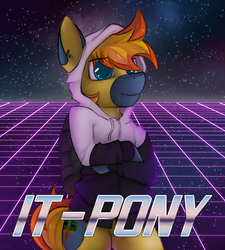 Size: 1613x1791 | Tagged: safe, artist:marsminer, oc, oc only, oc:yaktan, pony, abstract background, clothes, hackerman, hoodie, kung fury, meme, nerd, solo, standing