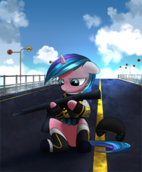 Size: 1578x1912 | Tagged: safe, artist:php69, oc, oc only, pony, unicorn, clothes, cloud, female, gun, mare, rifle, road, solo, weapon