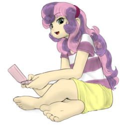 Size: 808x826 | Tagged: safe, artist:alloyrabbit, edit, sweetie belle, human, g4, 3ds, barefoot, clothes, crossed legs, feet, female, humanized, looking down, nintendo, open mouth, shirt, simple background, sitting, skirt, soles, solo, toes, white background