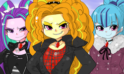 Size: 2000x1200 | Tagged: safe, artist:kiliu, edit, adagio dazzle, aria blaze, sonata dusk, equestria girls, g4, my little pony equestria girls: rainbow rocks, clothes, female, jacket, jewelry, looking at you, necklace, pendant, pigtails, ponytail, the dazzlings, twintails