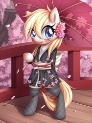 Size: 1289x1710 | Tagged: safe, artist:aryanne, oc, oc only, oc:aryanne, pony, bipedal, blushing, cherry blossoms, clothes, colored pupils, cute, female, flower, flower blossom, flower in hair, kimono (clothing), looking at you, mare, ocbetes, socks, solo, umbrella