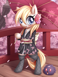 Size: 1289x1710 | Tagged: safe, artist:aryanne, oc, oc only, oc:aryanne, pony, bipedal, clothes, colored pupils, flower, flower in hair, kimono (clothing), socks, solo, umbrella