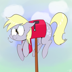 Size: 1280x1280 | Tagged: safe, artist:goldenled, derpy hooves, pegasus, pony, g4, :t, derpy inside a mailbox, female, gradient background, mailbox, mare, question mark, solo, stuck