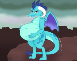Size: 2000x1600 | Tagged: safe, artist:theimmortalwolf, princess ember, dragon, g4, belly, big belly, dragon lord ember, dragoness, female, hand on belly, mama ember, pregnant, smiling, solo, wings