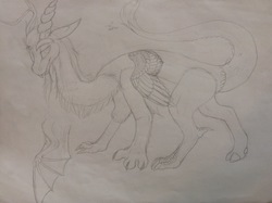 Size: 2516x1880 | Tagged: safe, artist:mlplover1987, discord, draconequus, g4, all fours, looking at you, male, sketch, solo, traditional art, wip