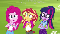 Size: 201x113 | Tagged: safe, edit, edited screencap, screencap, pinkie pie, sci-twi, sunset shimmer, twilight sparkle, comic:a new change, equestria girls, g4, my little pony equestria girls: legend of everfree, bad edit, camp everfree outfits, fanfic, picture for breezies, pregnant, pregnant edit, teen pregnancy