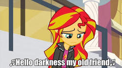 Size: 299x168 | Tagged: safe, edit, edited screencap, screencap, sunset shimmer, equestria girls, g4, my little pony equestria girls: rainbow rocks, female, hello darkness my old friend, image macro, meme, solo, text, the sound of silence