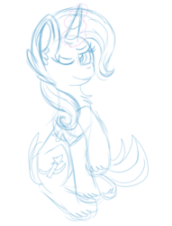 Size: 377x493 | Tagged: safe, artist:trixthegreatandpowerful, trixie, pony, unicorn, g4, chest fluff, female, monochrome, one eye closed, raised hoof, simple background, sketch, smiling, solo, white background, wink