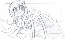 Size: 800x505 | Tagged: safe, artist:meekcheep, fluttershy, monster pony, original species, spiderpony, g4, chest fluff, female, looking away, monochrome, multiple eyes, smiling, solo, species swap, spider web, spidershy, traditional art
