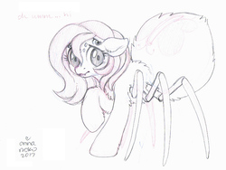 Size: 800x600 | Tagged: safe, artist:onnanoko, fluttershy, monster pony, original species, spiderpony, g4, chest fluff, cute, cute little fangs, fangs, female, floppy ears, hi, looking at you, monochrome, multiple eyes, raised hoof, solo, species swap, spidershy, traditional art