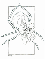 Size: 618x800 | Tagged: safe, artist:tonyfleecs, fluttershy, monster pony, original species, spiderpony, g4, female, hanging, looking at you, monochrome, multiple eyes, solo, species swap, spidershy, traditional art