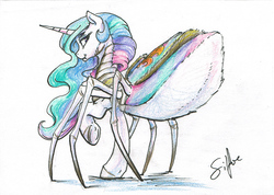 Size: 800x571 | Tagged: safe, artist:silfoe, princess celestia, monster pony, original species, spiderpony, g4, butt, female, fluffy, looking back, simple background, solo, species swap, spiderlestia, traditional art, underhoof, white background