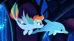 Size: 1136x640 | Tagged: safe, rainbow dash, dolphin, pegasus, seapony (g4), g4, my little pony: the movie, clothes, dorsal fin, female, fin wings, fins, fish tail, flowing mane, flowing tail, glowing, ocean, pink eyes, seaponified, seapony rainbow dash, seaquestria, see-through, smiling, solo, species swap, swimming, tail, teeth, underwater, water, wings