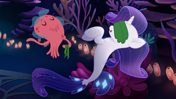 Size: 1136x640 | Tagged: safe, jamal, rarity, octopus, seapony (g4), g4, my little pony: the movie, blue mane, coral, covering eyes, dorsal fin, female, fish tail, flowing mane, flowing tail, horn, ocean, open mouth, seaponified, seapony rarity, seaquestria, seaweed wrap, smiling, solo, species swap, tail, underwater, water