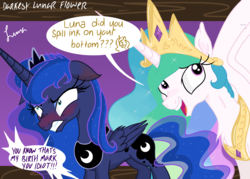 Size: 4823x3445 | Tagged: safe, artist:darkest-lunar-flower, princess celestia, princess luna, alicorn, pony, g4, absurd resolution, angry, blushing, dialogue, ear blush, embarrassed, floppy ears, gritted teeth, open mouth, sillestia, silly, smiling, spread wings, trollestia, wings