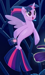 Size: 640x1053 | Tagged: safe, twilight sparkle, alicorn, pony, seapony (g4), g4, my little pony: the movie, clothes, dorsal fin, fin wings, fish tail, horn, looking up, open mouth, purple eyes, seaponified, seapony twilight, seaquestria, see-through, smiling, species swap, tail, throne, twilight sparkle (alicorn), underwater, water, wings