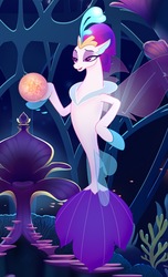 Size: 640x1053 | Tagged: safe, queen novo, seapony (g4), g4, my little pony: the movie, colored pupils, coral, crown, eyelashes, female, fin wings, fins, fish tail, jewelry, lidded eyes, mare, open mouth, orb, queen, queen novo's orb, raised eyebrow, regalia, seaquestria, solo, throne, throne room, underwater, water, wings