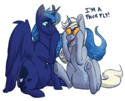 Size: 1341x1080 | Tagged: safe, artist:ebonytails, princess luna, oc, oc:moonbow, pony, unicorn, g4, cute, dialogue, food, orange, simple background, sitting, transparent background, underhoof