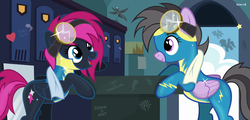 Size: 2250x1080 | Tagged: safe, artist:noah-x3, oc, oc only, oc:chloe jones, oc:neon flare, pegasus, pony, clothes, female, goggles, locker room, mare, show accurate, uniform, wonderbolt trainee uniform, wonderbolts uniform