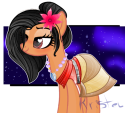 Size: 1088x982 | Tagged: safe, artist:mizhoreonechan, earth pony, pony, black mane, clothes, cute, dress, female, flower, flower in hair, glitter, heart, heart eyes, jewelry, lidded eyes, mare, moana, moana waialiki, necklace, night, polynesian, ponified, simple background, smiling, solo, sparkly mane, stars, transparent background, wingding eyes