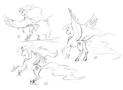 Size: 1400x1026 | Tagged: safe, artist:baron engel, princess celestia, alicorn, pony, g4, female, mare, monochrome, pencil drawing, rear view, rearing, simple background, sketch, solo, spread wings, traditional art, white background, wings