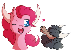 Size: 884x653 | Tagged: safe, artist:amazingmollusk, pinkie pie, earth pony, pony, yak, g4, not asking for trouble, happy, heart, horns, one eye closed, open mouth, pie daily, simple background, smiling, transparent background, wink