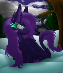 Size: 2021x2328 | Tagged: safe, artist:vanillaswirl6, oc, oc only, oc:ember heart, pegasus, pony, art trade, chest fluff, cloud, colored pupils, ear fluff, ear piercing, female, fluffy, full moon, high res, icicle, jewelry, long mane, looking at something, looking up, mare, moon, necklace, night, piercing, shoulder fluff, sitting, smiling, snow, solo, tree, tree branch