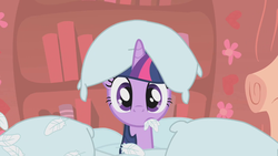 Size: 1280x720 | Tagged: safe, screencap, twilight sparkle, pony, unicorn, g4, look before you sleep, cute, feather, female, golden oaks library, mare, pillow, pillow hat, silly, silly pony, solo, twiabetes, unicorn twilight