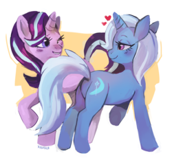 Size: 1200x1104 | Tagged: safe, artist:cherivinca, starlight glimmer, trixie, pony, unicorn, g4, blushing, butt, duo, duo female, female, heart, lesbian, lidded eyes, looking at each other, mare, one eye closed, plot, raised hoof, raised tail, seduction, ship:startrix, shipping, simple background, smiling, tail, tail seduce, underhoof, white background, wink