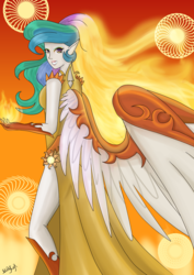 Size: 1445x2039 | Tagged: safe, artist:mdeltar, daybreaker, princess celestia, human, a royal problem, g4, clothes, daybreak celestia, dress, fire, humanized, magic, mane of fire, smiling, smirk, solo, transformation, winged humanization, wings