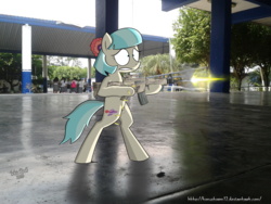 Size: 2560x1920 | Tagged: safe, artist:pandramodo, artist:tonystorm12, coco pommel, pony, g4, bipedal, gun, irl, m4a1, photo, photo manipulation, photoshop, ponies in real life, school, weapon