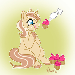 Size: 840x840 | Tagged: safe, artist:pinkiepiegasm, oc, oc only, oc:lulubell, pony, unicorn, cupcake, female, food, frosting, gradient background, mare, solo