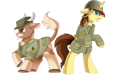 Size: 3318x2095 | Tagged: safe, artist:pridark, oc, oc only, bull, pony, unicorn, bipedal, cigarette, clothes, commission, duo, green eyes, gritted teeth, hat, helmet, high res, male, military, raised hoof, simple background, stallion, transparent background