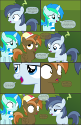 Size: 4551x7000 | Tagged: safe, artist:cyanlightning, button mash, shady daze, oc, oc:cyan lightning, alicorn, earth pony, pony, unicorn, comic:cyan's adventure, g4, .svg available, absurd resolution, buttoncorn, clothes, colt, comic, female, filly, hat, lidded eyes, magic, male, mare, rule 63, scarf, vector
