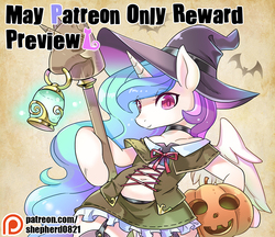 Size: 1150x993 | Tagged: safe, artist:shepherd0821, princess celestia, semi-anthro, g4, advertisement, belly button, female, halloween, hat, holiday, hoof hold, jack-o-lantern, lantern, patreon, patreon logo, patreon preview, pumpkin, solo, staff, witch hat