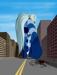 Size: 2550x3300 | Tagged: safe, artist:styroponyworks, oc, oc only, oc:ultramare, earth pony, pony, 3d, belly button, blender, building, butt, car, city, clothes, crushing, female, giant pony, high res, macro, mare, midriff, mixed media, plot, rear view, solo, ultrabutt, underhoof, vehicle, walking